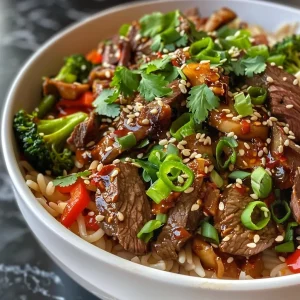 ['A close-up of a hearty bowl of spicy Asian beef noodles, showcasing vibrant ingredients.', 'A side view image of deliciously arranged beef noodle bowl with colorful vegetables.', 'Juicy slices of flank steak mixed with rice noodles and fresh toppings in a bowl.', 'Close-up of a spicy beef noodle dish with greens and sesame seeds on top.']