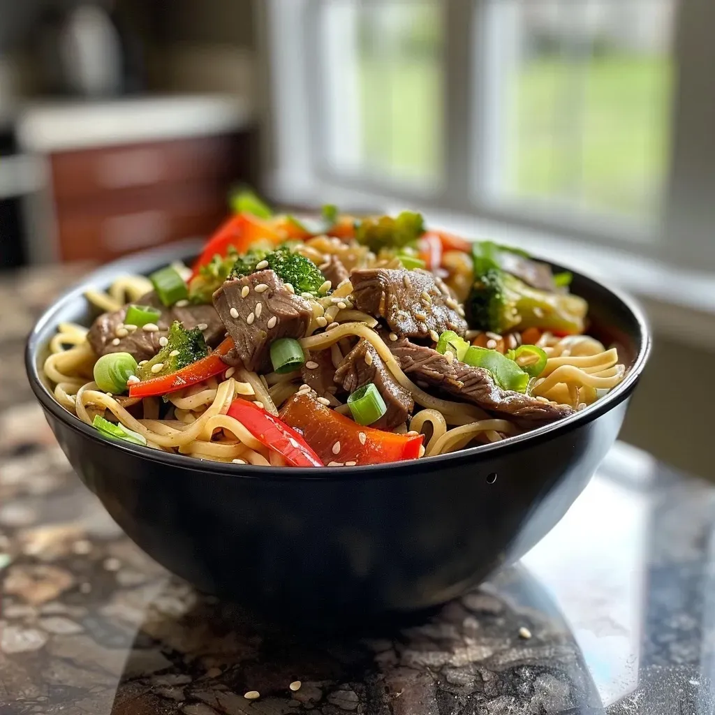 ['A close-up of a hearty bowl of spicy Asian beef noodles, showcasing vibrant ingredients.', 'A side view image of deliciously arranged beef noodle bowl with colorful vegetables.', 'Juicy slices of flank steak mixed with rice noodles and fresh toppings in a bowl.', 'Close-up of a spicy beef noodle dish with greens and sesame seeds on top.']