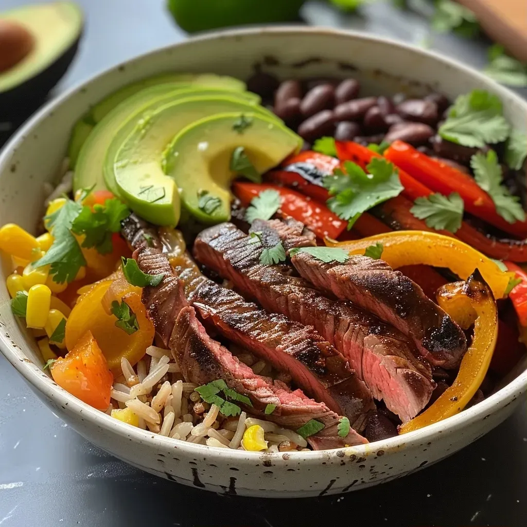 ['Juicy steak fajita power bowl with colorful peppers and avocado slices.', 'Close-up view of steak fajita power bowl, showcasing vibrant vegetables and rice.', 'Delicious bowl of steak fajitas with black beans, corn, and fresh toppings.', 'Side view of a hearty steak fajita power bowl filled with grilled steak and veggies.']