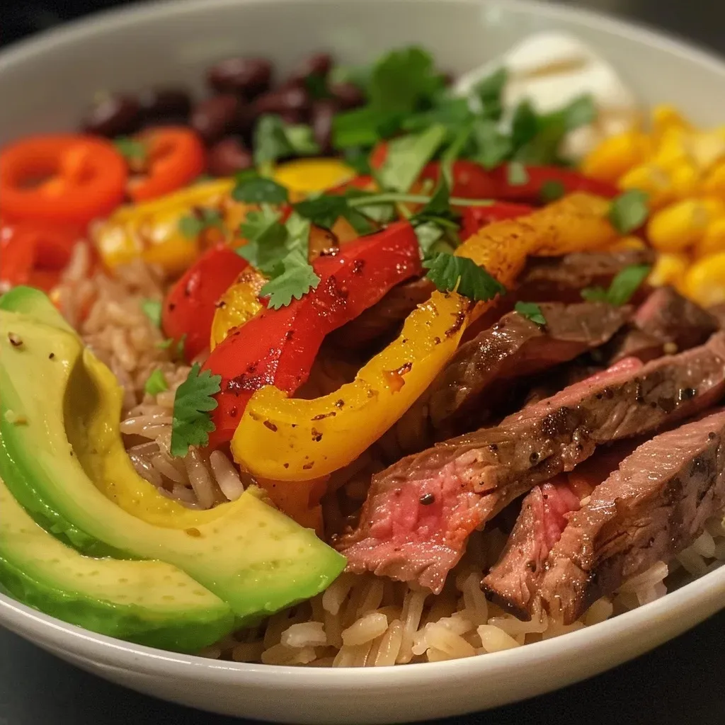 ['Juicy steak fajita power bowl with colorful peppers and avocado slices.', 'Close-up view of steak fajita power bowl, showcasing vibrant vegetables and rice.', 'Delicious bowl of steak fajitas with black beans, corn, and fresh toppings.', 'Side view of a hearty steak fajita power bowl filled with grilled steak and veggies.']