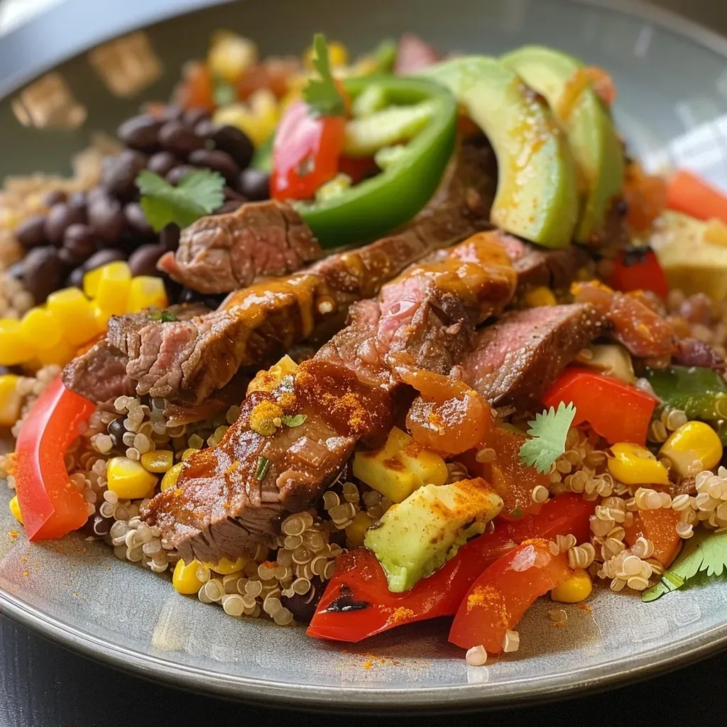 ['Close-up of a colorful steak fajita quinoa salad with diced vegetables and avocado.', 'Side view of a vibrant quinoa salad featuring juicy steak, bell peppers, and black beans.', 'Detailed image of a steak fajita salad showcasing quinoa, fresh ingredients, and garnishes.', 'Close-up of a bowl filled with steak fajita quinoa salad, highlighting rich colors and textures.']