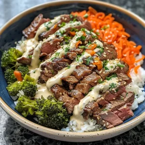 ['Close-up of a juicy steak rice bowl drizzled with garlic cream sauce.', 'Side view of a steak rice bowl with vibrant vegetables and creamy sauce.', 'A delicious steak rice bowl, showcasing tender steak and colorful veggies.', 'Close-up image of a savory steak rice bowl topped with garlic cream sauce.']