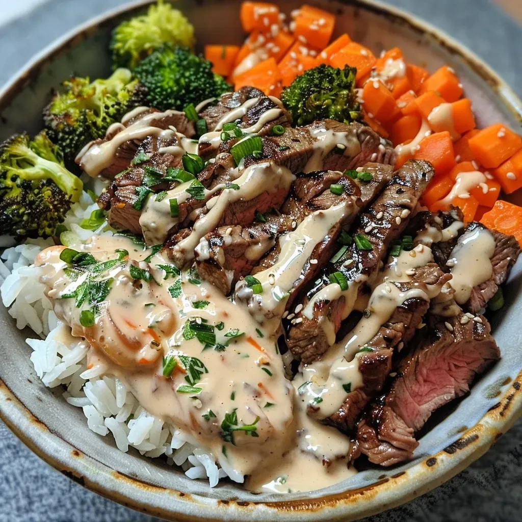 ['Close-up of a juicy steak rice bowl drizzled with garlic cream sauce.', 'Side view of a steak rice bowl with vibrant vegetables and creamy sauce.', 'A delicious steak rice bowl, showcasing tender steak and colorful veggies.', 'Close-up image of a savory steak rice bowl topped with garlic cream sauce.']