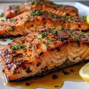 ['A close-up side view of a plated Sticky Garlic Butter Salmon filet, glistening with sauce.', 'Juicy salmon filet topped with sticky garlic butter glaze, garnished with chopped parsley.', 'A succulent piece of salmon in a rich garlic butter sauce, served with lemon wedges.', 'Side view of a piece of salmon drizzled with sticky glaze, showing its juicy texture.']