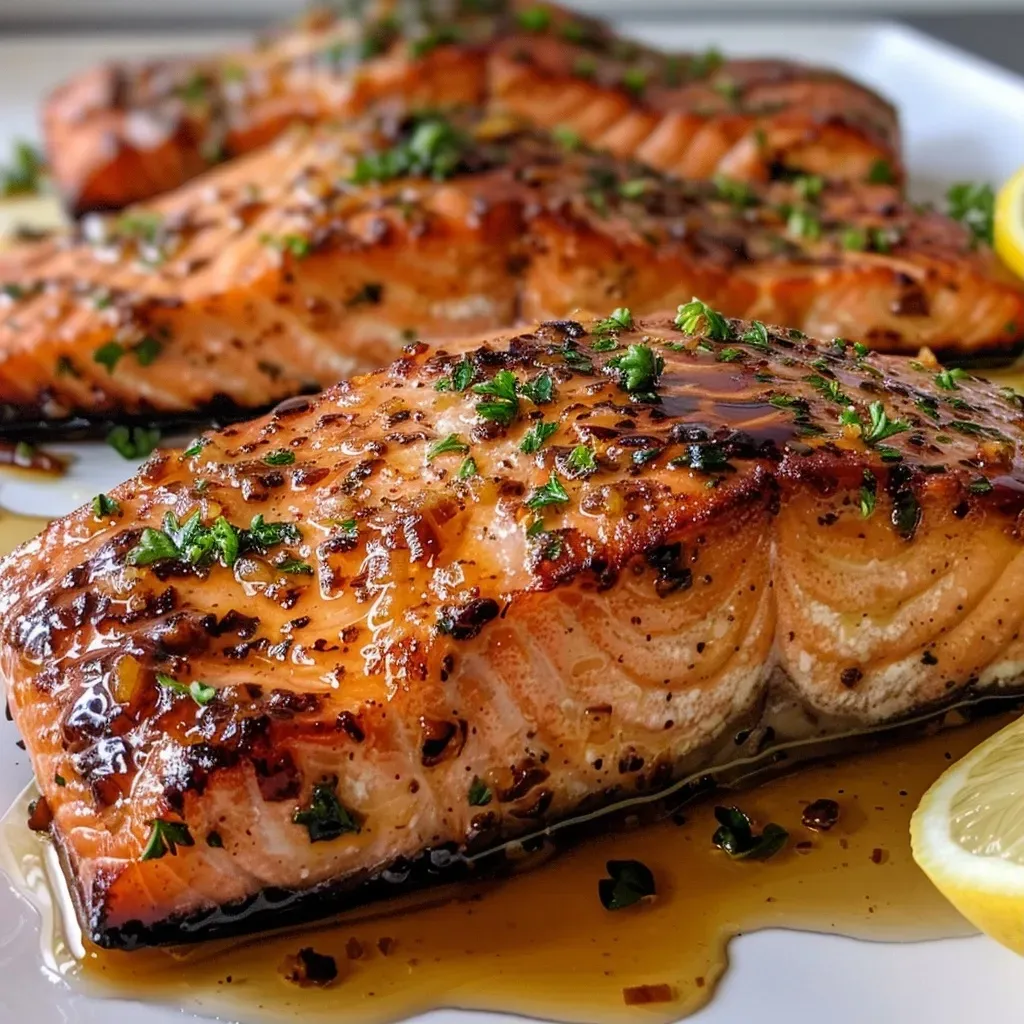 ['A close-up side view of a plated Sticky Garlic Butter Salmon filet, glistening with sauce.', 'Juicy salmon filet topped with sticky garlic butter glaze, garnished with chopped parsley.', 'A succulent piece of salmon in a rich garlic butter sauce, served with lemon wedges.', 'Side view of a piece of salmon drizzled with sticky glaze, showing its juicy texture.']