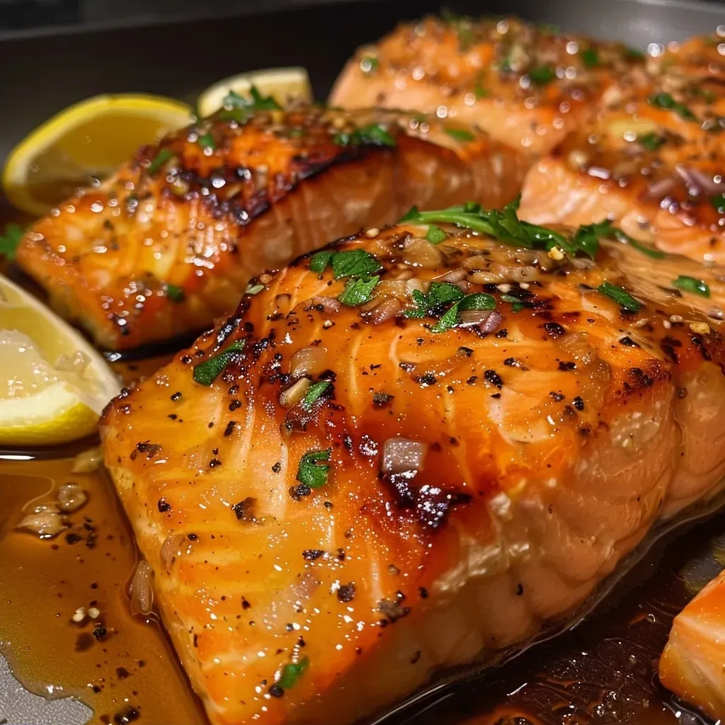 ['A close-up side view of a plated Sticky Garlic Butter Salmon filet, glistening with sauce.', 'Juicy salmon filet topped with sticky garlic butter glaze, garnished with chopped parsley.', 'A succulent piece of salmon in a rich garlic butter sauce, served with lemon wedges.', 'Side view of a piece of salmon drizzled with sticky glaze, showing its juicy texture.']