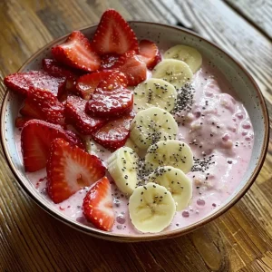 ['A vibrant smoothie bowl topped with fresh strawberries and banana slices.', 'A colorful Strawberry Banana Cottage Cheese Smoothie Bowl in a white bowl.', 'A close-up side view of a smoothie bowl with creamy cottage cheese, strawberries, and banana.', 'An appetizing bowl featuring a smoothie blend of strawberries and banana with toppings.']