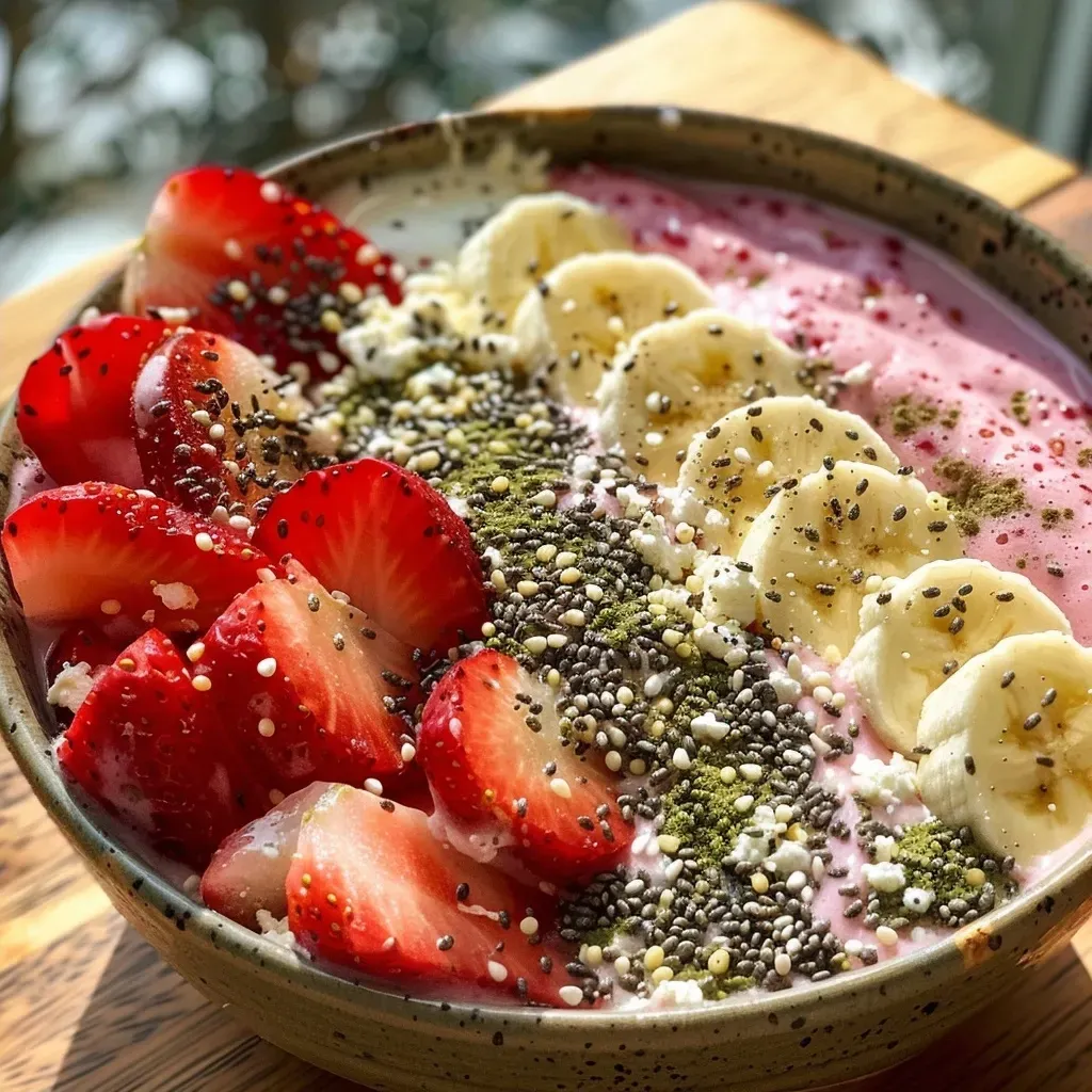 ['A vibrant smoothie bowl topped with fresh strawberries and banana slices.', 'A colorful Strawberry Banana Cottage Cheese Smoothie Bowl in a white bowl.', 'A close-up side view of a smoothie bowl with creamy cottage cheese, strawberries, and banana.', 'An appetizing bowl featuring a smoothie blend of strawberries and banana with toppings.']