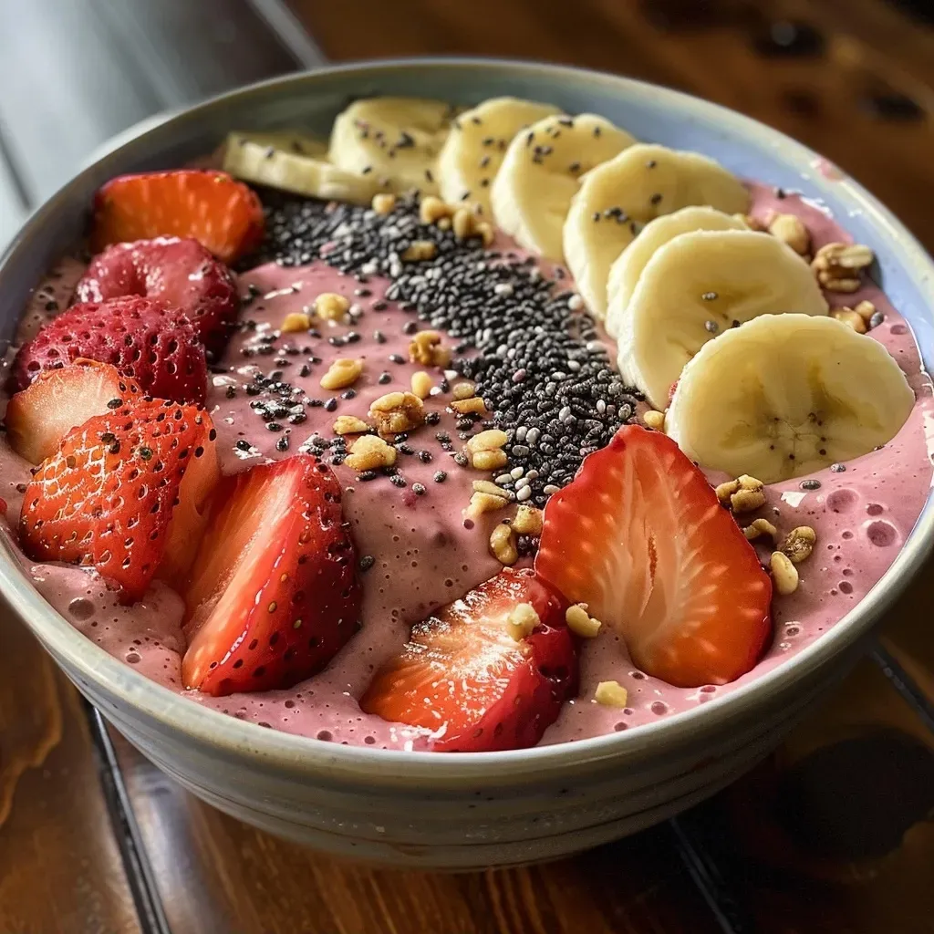 ['Close-up view of a vibrant strawberry banana smoothie bowl topped with fresh fruit and seeds.', 'Side view of a thick smoothie bowl featuring strawberries and bananas, garnished with nuts and seeds.', 'Delicious-looking smoothie bowl made with frozen strawberries and bananas, with colorful toppings.', 'A close-up of a strawberry banana smoothie bowl, showcasing the creamy texture and fresh ingredients.']