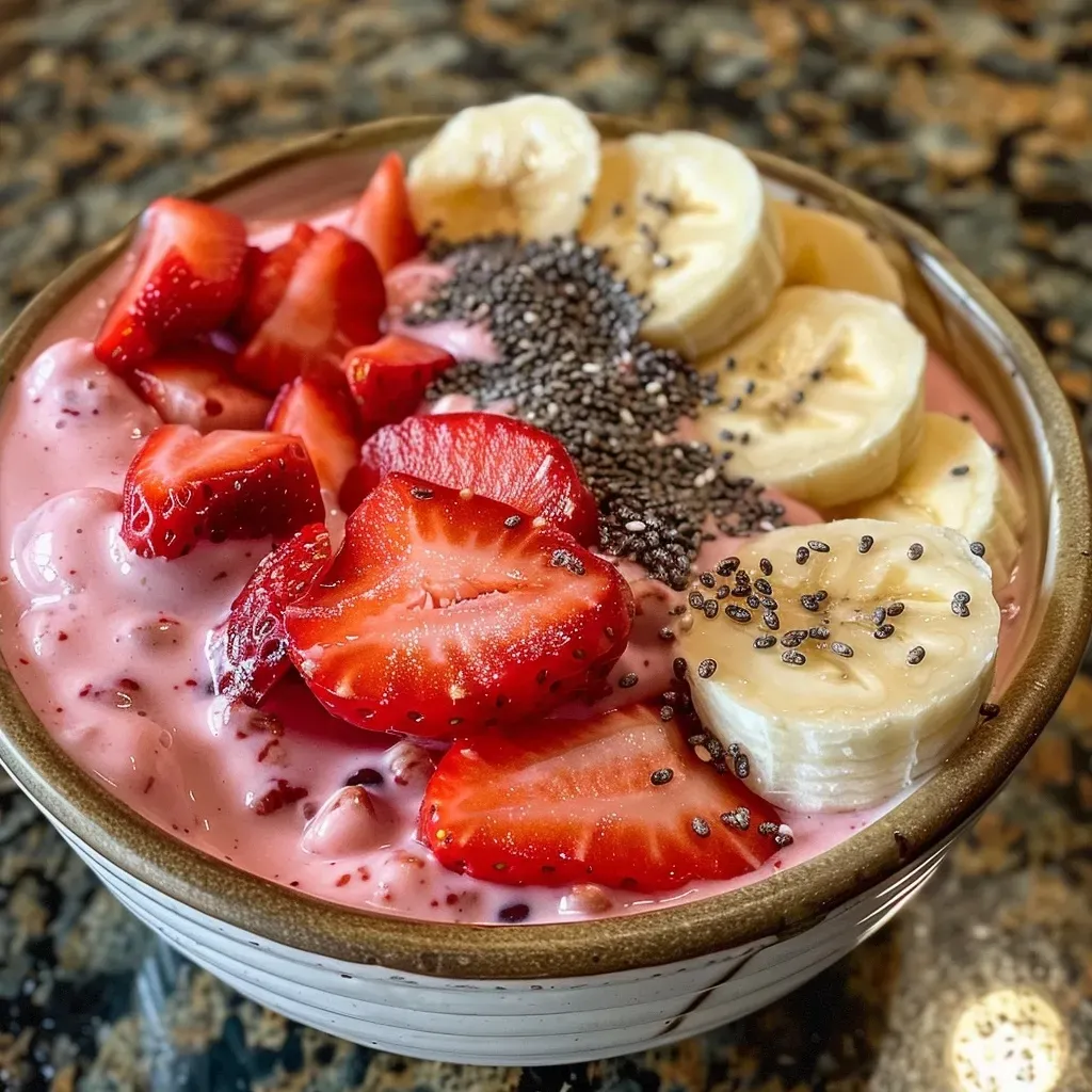 ['Close-up view of a vibrant strawberry banana smoothie bowl topped with fresh fruit and seeds.', 'Side view of a thick smoothie bowl featuring strawberries and bananas, garnished with nuts and seeds.', 'Delicious-looking smoothie bowl made with frozen strawberries and bananas, with colorful toppings.', 'A close-up of a strawberry banana smoothie bowl, showcasing the creamy texture and fresh ingredients.']