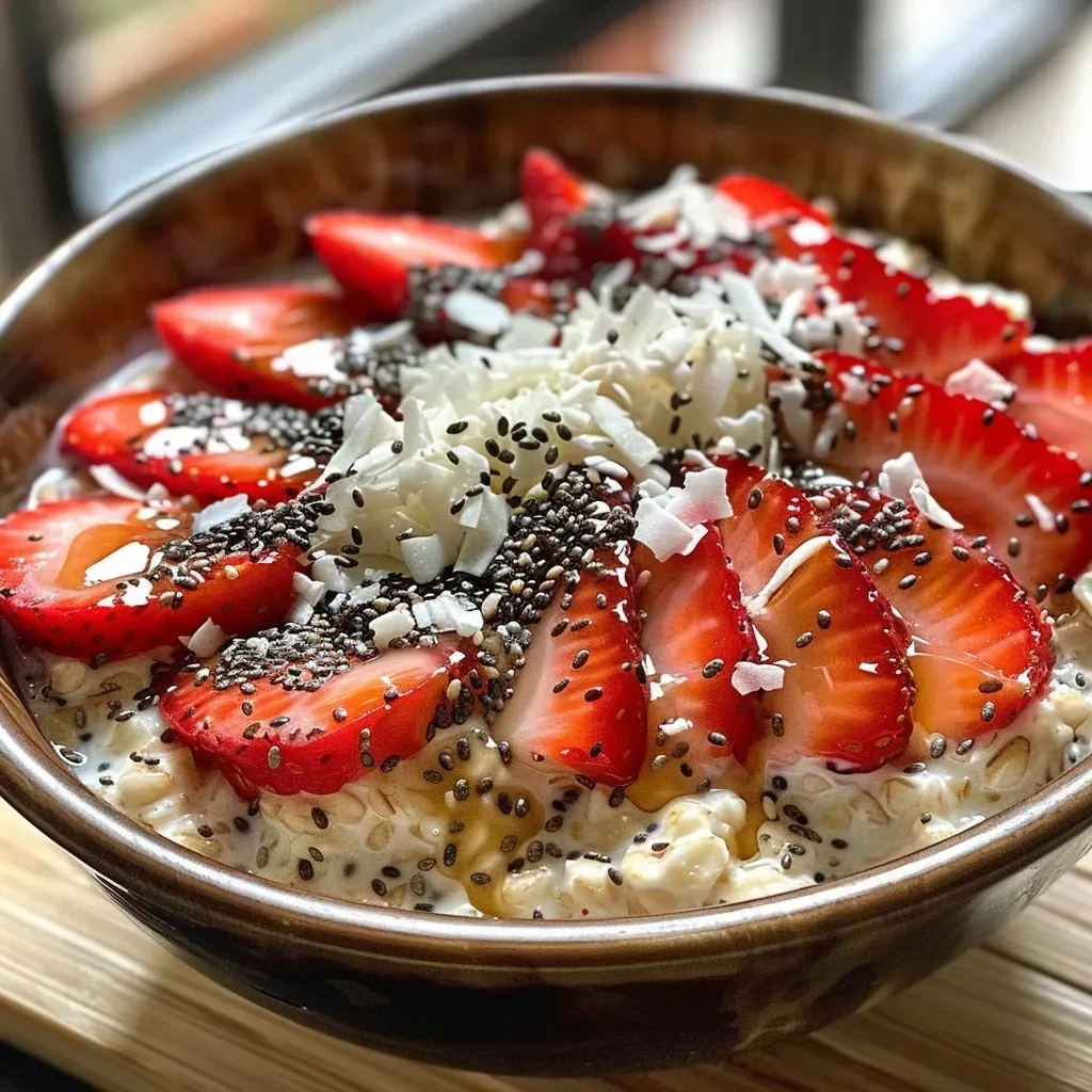 ['A close-up view of a vibrant bowl of Strawberry Overnight Oats topped with coconut flakes.', 'Juicy strawberries and coconut flakes on top of creamy overnight oats in a glass bowl.', 'Side perspective of Strawberry Overnight Oats with a rich coconut milk base and fresh strawberries.', 'Detailed view of a colorful serving of overnight oats featuring strawberries and toasted coconut.']