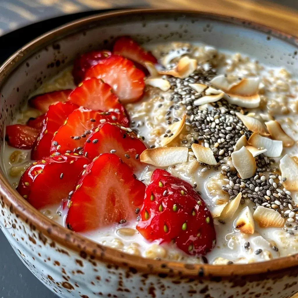 ['A close-up view of a vibrant bowl of Strawberry Overnight Oats topped with coconut flakes.', 'Juicy strawberries and coconut flakes on top of creamy overnight oats in a glass bowl.', 'Side perspective of Strawberry Overnight Oats with a rich coconut milk base and fresh strawberries.', 'Detailed view of a colorful serving of overnight oats featuring strawberries and toasted coconut.']