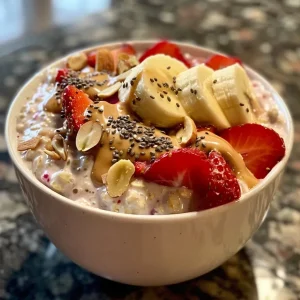 ['A close-up side view of a bowl of strawberry protein oats topped with fresh strawberries and almonds.', 'A vibrant bowl of strawberry protein oats, showcasing ripe strawberries and sliced banana, captured from the side.', 'An iPhone close-up photo of creamy strawberry protein oats with chia seeds, almond milk, and banana slices.', 'A detailed side view of strawberry protein oats, featuring a texture-rich display with peanut butter and fresh fruit.']
