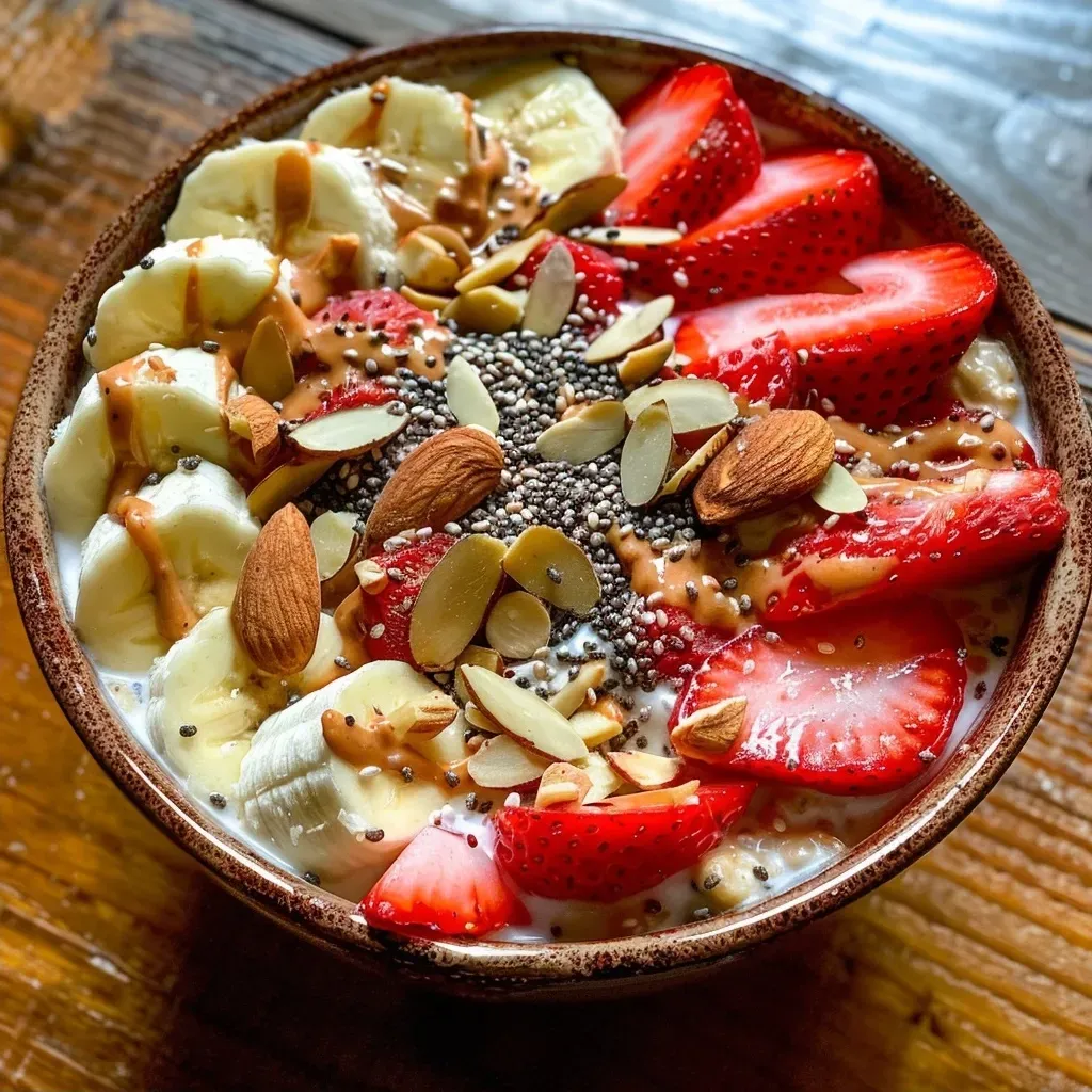 ['A close-up side view of a bowl of strawberry protein oats topped with fresh strawberries and almonds.', 'A vibrant bowl of strawberry protein oats, showcasing ripe strawberries and sliced banana, captured from the side.', 'An iPhone close-up photo of creamy strawberry protein oats with chia seeds, almond milk, and banana slices.', 'A detailed side view of strawberry protein oats, featuring a texture-rich display with peanut butter and fresh fruit.']