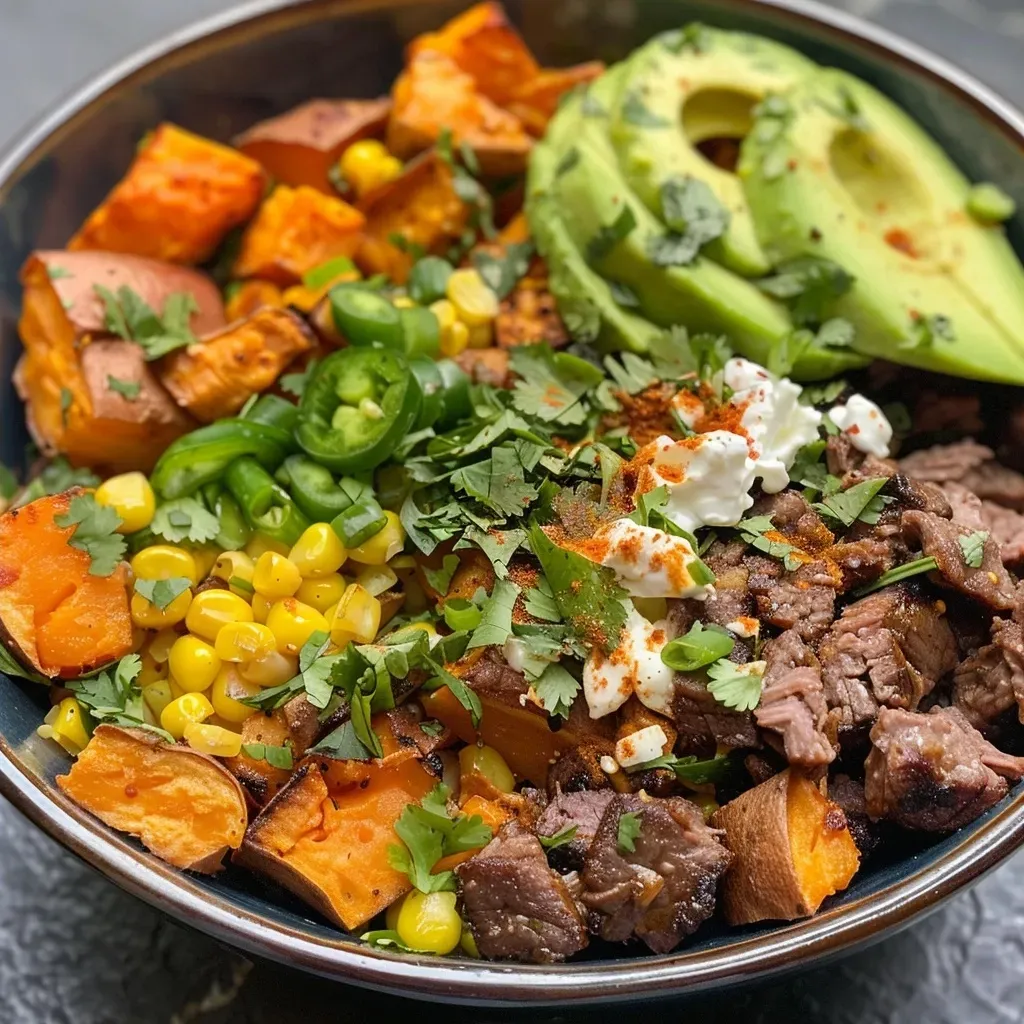 ['Close-up view of a colorful Street Corn Beef Bowl filled with sweet potatoes, ground beef, and toppings.', 'Side view of a juicy Street Corn Beef Bowl showcasing corn, avocado, and green onions.', 'Detailed image of a vibrant Street Corn Beef Bowl with ingredients like jalapeños and cilantro.', 'An appetizing Street Corn Beef Bowl featuring layers of beef, corn, and garnishes in a bowl.']