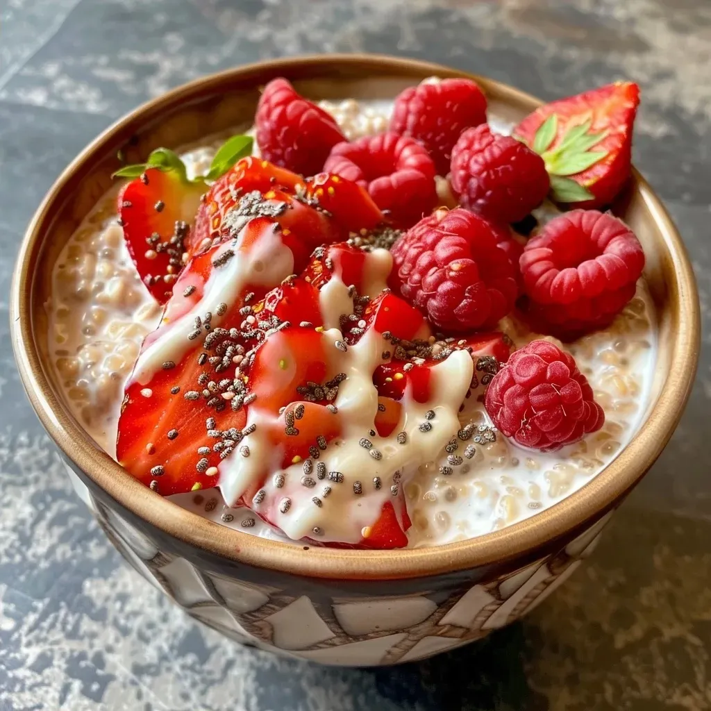 ['Close-up view of a Summer Berry Coconut Creamed Oats Pudding Pot, showcasing vibrant red strawberries and raspberries.', 'Side view of a creamy pudding pot filled with oats, coconut milk, and topped with fresh summer berries.', 'Delicious pudding pot featuring a blend of jumbo oats, coconut cream, and an abundance of luscious strawberries and raspberries.', 'Rich coconut oatmeal pudding displayed attractively, decorated with juicy strawberries and a sprinkle of chia seeds.']