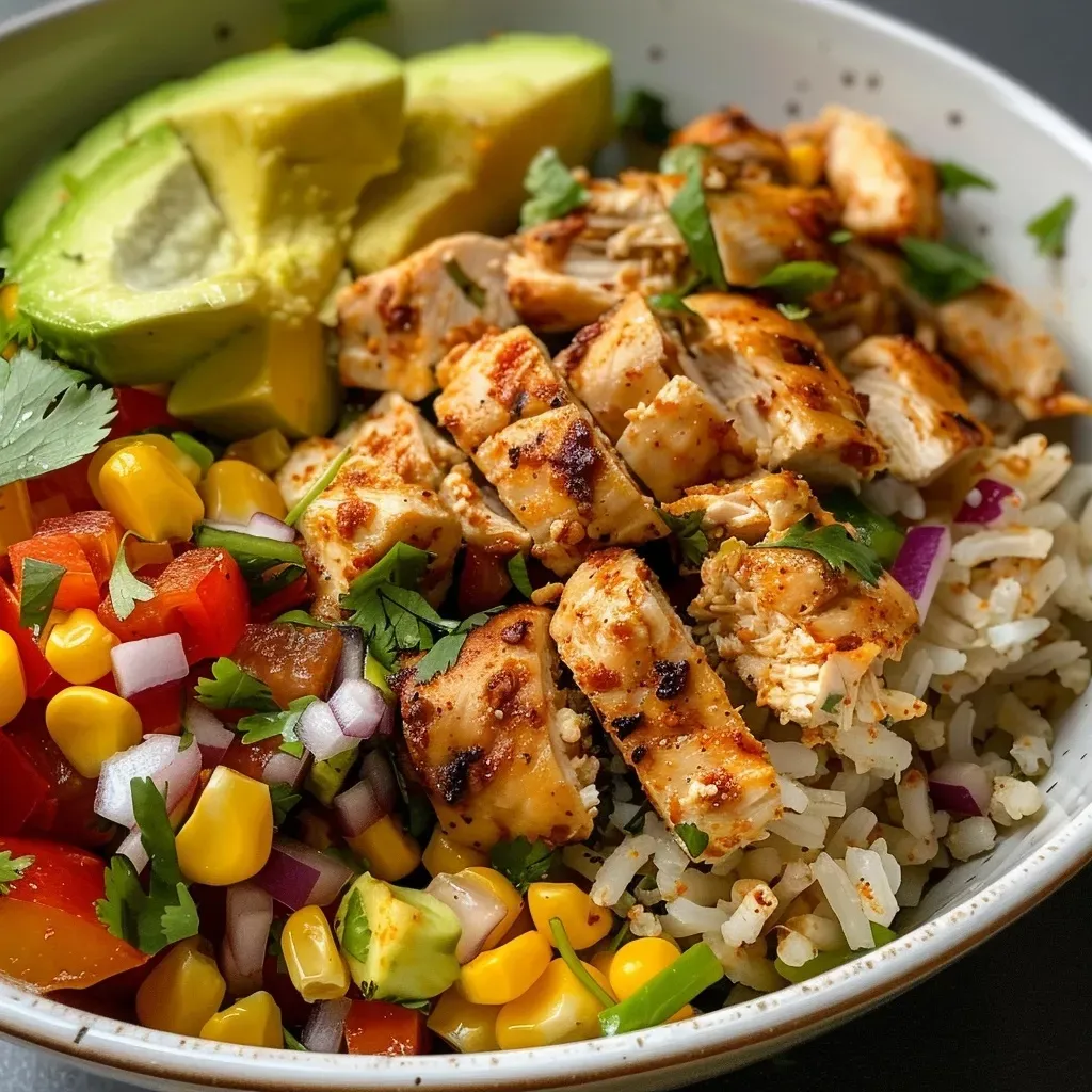 ['Juicy slices of summer chicken with vibrant vegetables and garnishes.', 'Close-up of a colorful summer chicken dish featuring corn, avocado, and cilantro.', 'A side view of a fresh summer chicken recipe with diced veggies and rice.', 'Deliciously plated summer chicken with lime, corn, and red bell pepper.']