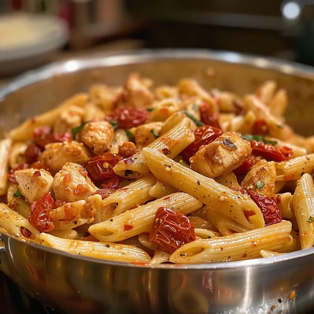 ['A close-up view of sun-dried tomato pasta with chicken and mozzarella sauce on a plate.', 'Creamy sun-dried tomato pasta garnished with herbs and chicken pieces, displayed on a rustic table.', 'Side view of a delicious pasta dish featuring sun-dried tomatoes and tender chicken in a creamy sauce.', 'A vibrant bowl of penne pasta topped with chicken, sun-dried tomatoes, and melted mozzarella cheese.']