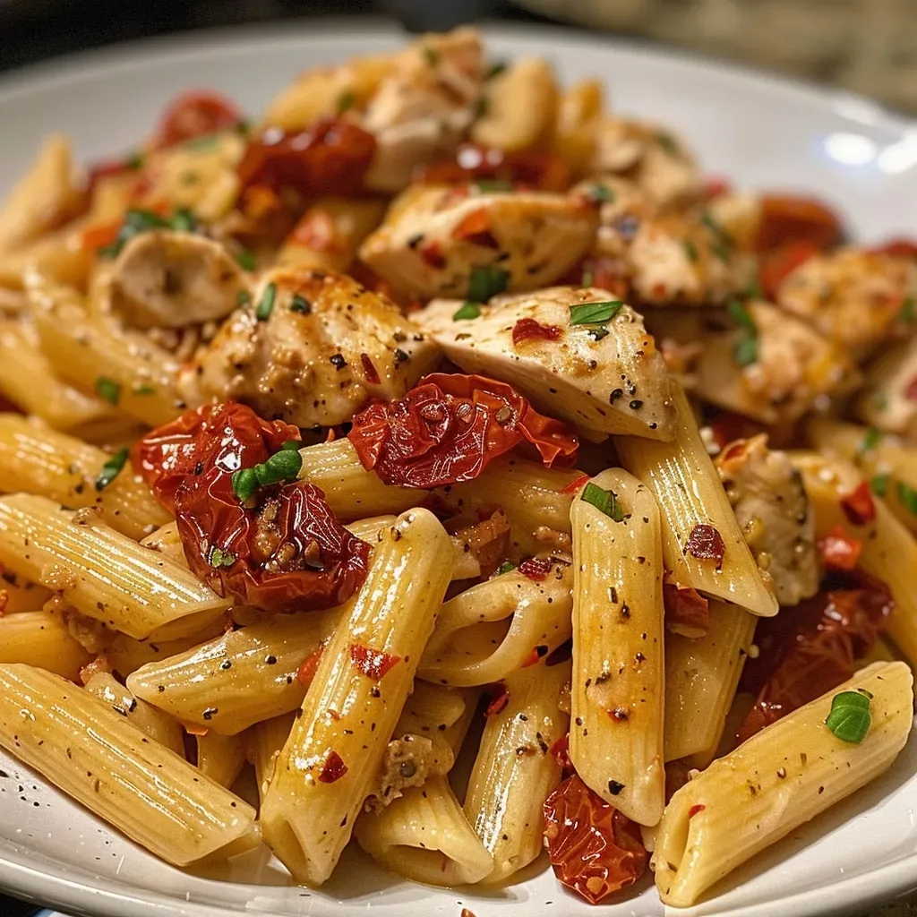 ['A close-up view of sun-dried tomato pasta with chicken and mozzarella sauce on a plate.', 'Creamy sun-dried tomato pasta garnished with herbs and chicken pieces, displayed on a rustic table.', 'Side view of a delicious pasta dish featuring sun-dried tomatoes and tender chicken in a creamy sauce.', 'A vibrant bowl of penne pasta topped with chicken, sun-dried tomatoes, and melted mozzarella cheese.']
