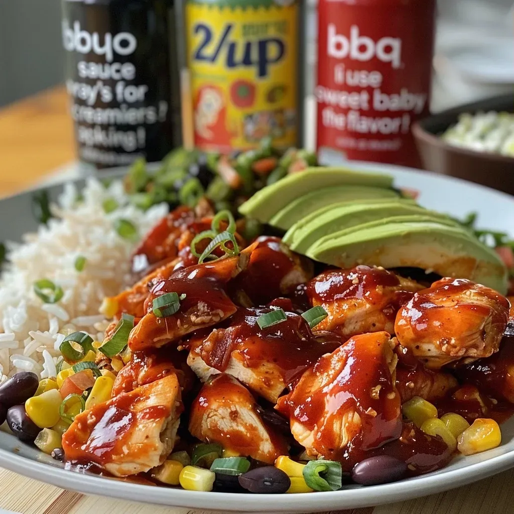 ['Close-up view of succulent Sweet BBQ Chicken served with rice and garnished with avocado and scallions.', 'Side view of a plate featuring Sweet BBQ Chicken, vibrant bell pepper, and a generous portion of rice.', 'Juicy chunks of BBQ Chicken atop fluffy rice, complemented by black beans, corn, and slices of avocado.', 'A beautifully arranged dish of Sweet BBQ Chicken and Rice, showcasing fresh ingredients and vibrant colors.']