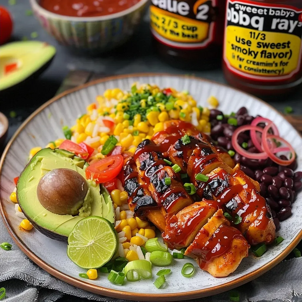 ['Close-up view of succulent Sweet BBQ Chicken served with rice and garnished with avocado and scallions.', 'Side view of a plate featuring Sweet BBQ Chicken, vibrant bell pepper, and a generous portion of rice.', 'Juicy chunks of BBQ Chicken atop fluffy rice, complemented by black beans, corn, and slices of avocado.', 'A beautifully arranged dish of Sweet BBQ Chicken and Rice, showcasing fresh ingredients and vibrant colors.']