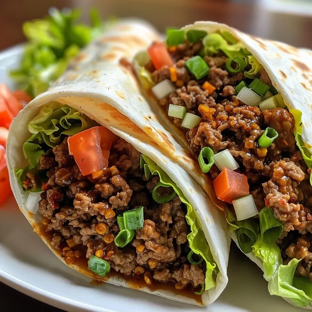 ['A close-up view of juicy sweet chili beef wraps filled with fresh vegetables.', 'Delicious sweet chili beef wraps presented at an angle, highlighting their vibrant colors.', 'Side view of savory sweet chili beef wraps showcasing their filling and vibrant toppings.', 'Close-up of beef wraps drizzled with sweet chili sauce, surrounded by fresh green onions.']