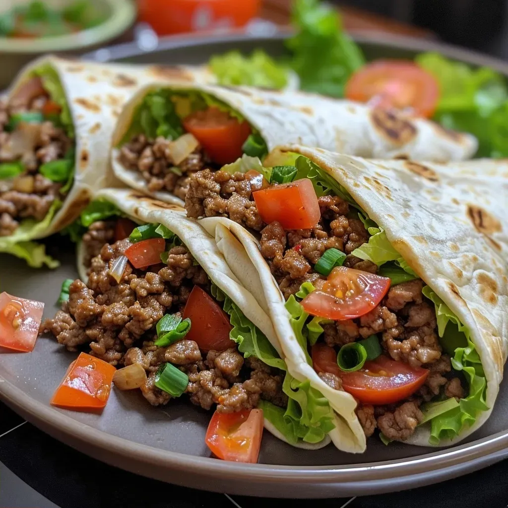 ['A close-up view of juicy sweet chili beef wraps filled with fresh vegetables.', 'Delicious sweet chili beef wraps presented at an angle, highlighting their vibrant colors.', 'Side view of savory sweet chili beef wraps showcasing their filling and vibrant toppings.', 'Close-up of beef wraps drizzled with sweet chili sauce, surrounded by fresh green onions.']