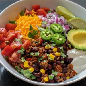 ['Close-up of a colorful taco bowl with ground beef, beans, corn, and fresh toppings.', 'Side view of a taco bowl filled with rice, vegetables, and garnished with avocado and cilantro.', 'Juicy taco bowl featuring cooked ground beef, cherry tomatoes, and cheese atop rice.', 'A beautifully arranged taco bowl displaying layers of ingredients like beans, avocado, and lime wedges.']