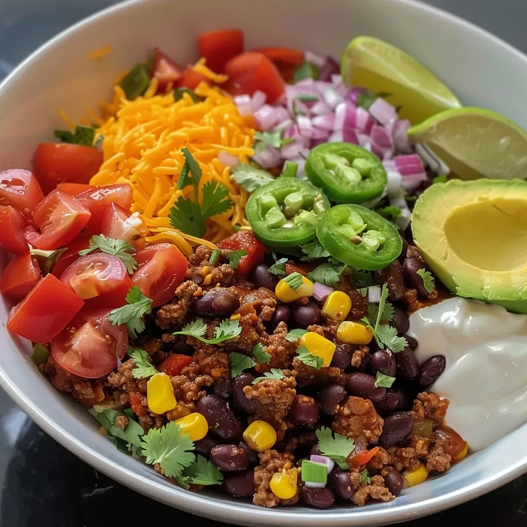 ['Close-up of a colorful taco bowl with ground beef, beans, corn, and fresh toppings.', 'Side view of a taco bowl filled with rice, vegetables, and garnished with avocado and cilantro.', 'Juicy taco bowl featuring cooked ground beef, cherry tomatoes, and cheese atop rice.', 'A beautifully arranged taco bowl displaying layers of ingredients like beans, avocado, and lime wedges.']
