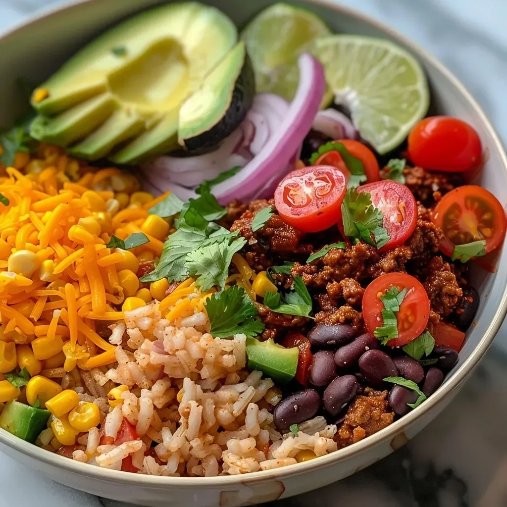 ['Close-up of a colorful taco bowl with ground beef, beans, corn, and fresh toppings.', 'Side view of a taco bowl filled with rice, vegetables, and garnished with avocado and cilantro.', 'Juicy taco bowl featuring cooked ground beef, cherry tomatoes, and cheese atop rice.', 'A beautifully arranged taco bowl displaying layers of ingredients like beans, avocado, and lime wedges.']