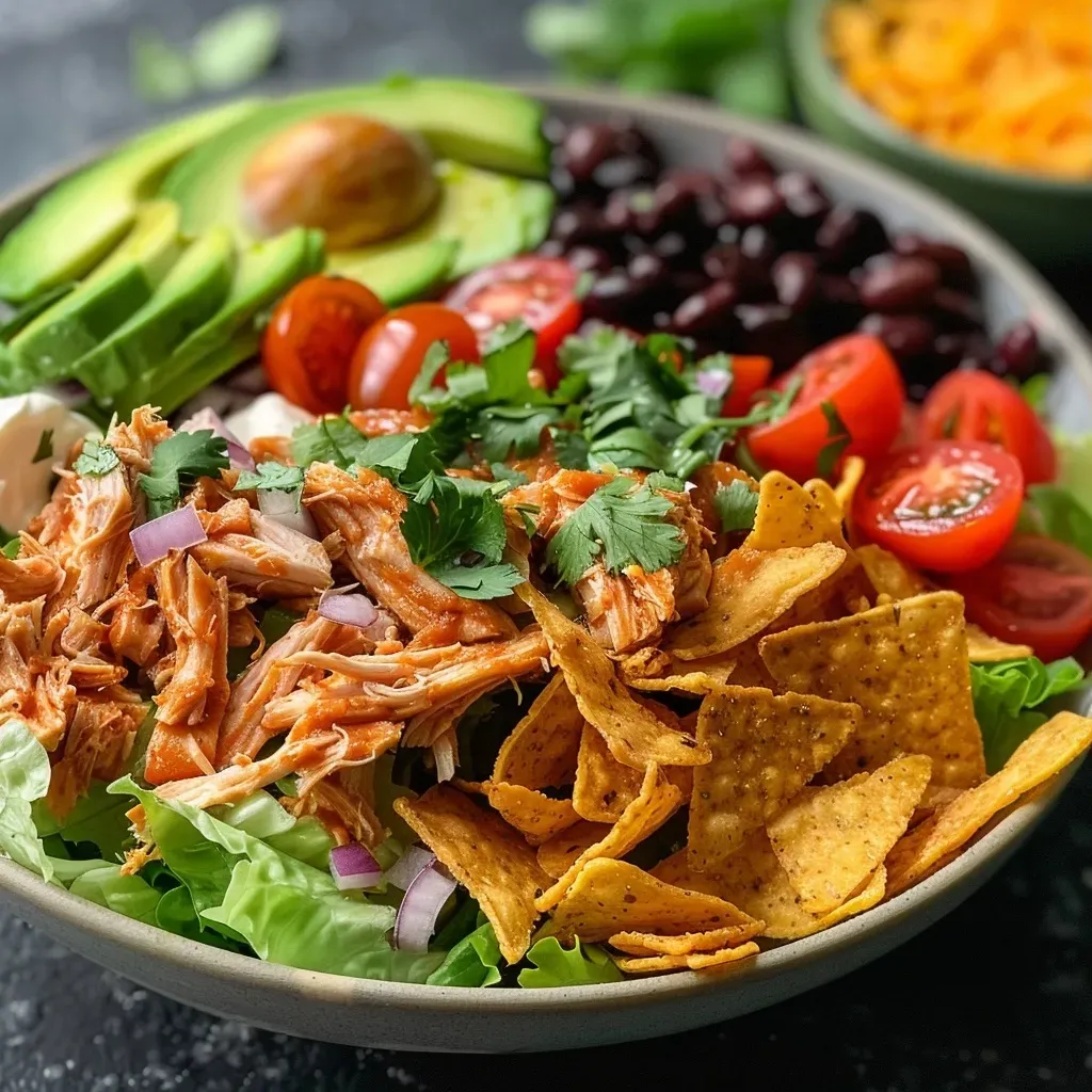 ['Close-up view of a colorful taco salad bowl with shredded chicken, lettuce, and toppings.', 'A side perspective of a taco salad bowl filled with shredded chicken, fresh vegetables, and vibrant ingredients.', 'Detailed shot of a taco salad bowl showcasing shredded chicken, beans, tomatoes, and avocado.', 'An appetizing taco salad bowl featuring shredded chicken and various toppings, ready to serve.']