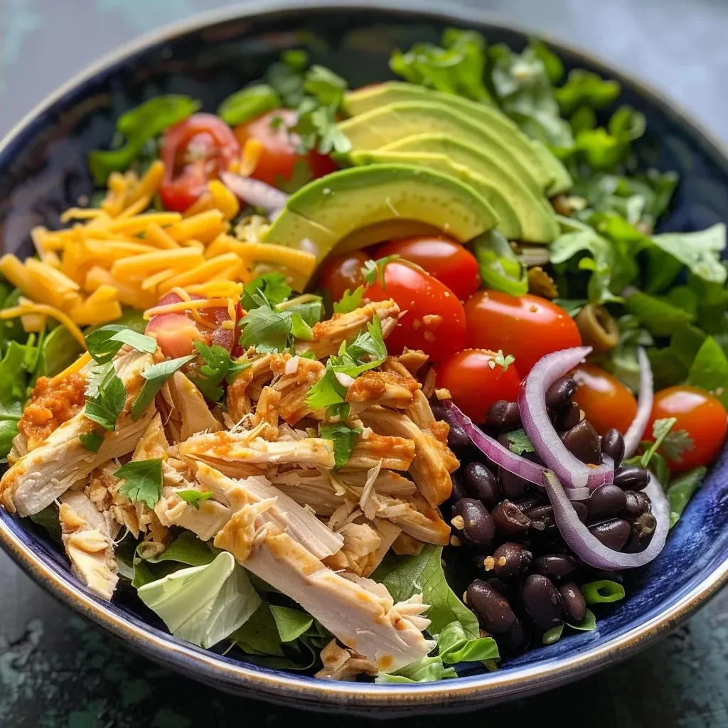 ['Close-up view of a colorful taco salad bowl with shredded chicken, lettuce, and toppings.', 'A side perspective of a taco salad bowl filled with shredded chicken, fresh vegetables, and vibrant ingredients.', 'Detailed shot of a taco salad bowl showcasing shredded chicken, beans, tomatoes, and avocado.', 'An appetizing taco salad bowl featuring shredded chicken and various toppings, ready to serve.']