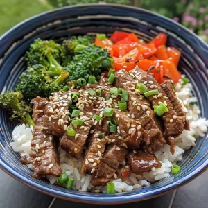 ['Juicy Teriyaki Beef Bowl featuring sliced flank steak and colorful vegetables.', 'Close-up side view of a Teriyaki Beef Bowl with rice and broccoli.', 'A vibrant Teriyaki Beef Bowl topped with sesame seeds and green onions.', 'Savory Teriyaki Beef Bowl showcasing tender meat over fluffy white rice.']