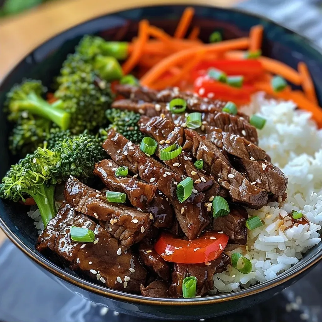 ['Juicy Teriyaki Beef Bowl featuring sliced flank steak and colorful vegetables.', 'Close-up side view of a Teriyaki Beef Bowl with rice and broccoli.', 'A vibrant Teriyaki Beef Bowl topped with sesame seeds and green onions.', 'Savory Teriyaki Beef Bowl showcasing tender meat over fluffy white rice.']
