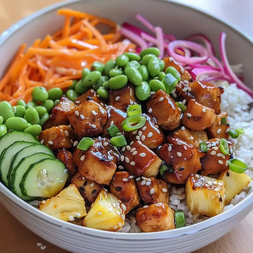 ['A close-up side view of a Teriyaki Chicken Poke Bowl featuring vibrant ingredients.', 'Juicy Teriyaki Chicken served over sushi rice with fresh vegetables and garnishes.', 'A colorful arrangement of Teriyaki Chicken, edamame, pineapple, and pickled onions in a poke bowl.', 'A side view capture of a Teriyaki Chicken Poke Bowl filled with rice, chicken, and assorted toppings.']
