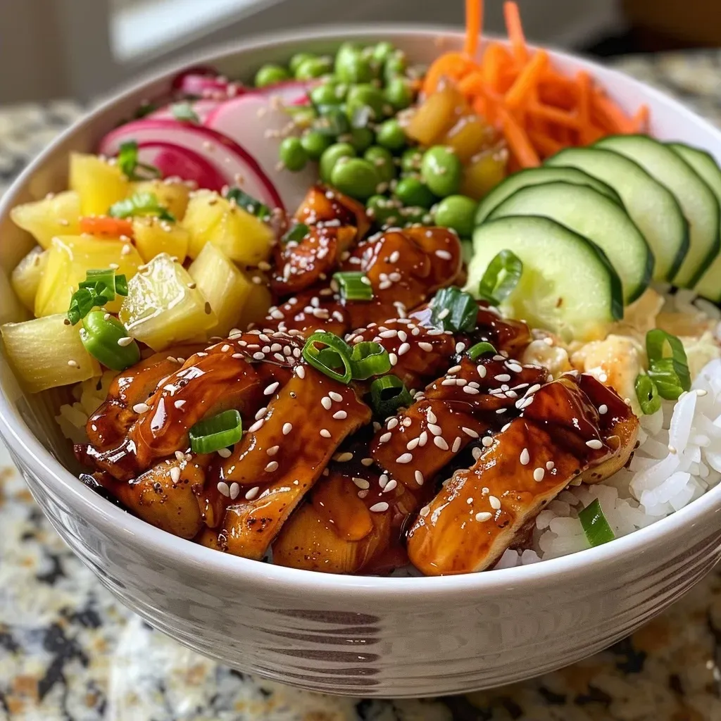 ['A close-up side view of a Teriyaki Chicken Poke Bowl featuring vibrant ingredients.', 'Juicy Teriyaki Chicken served over sushi rice with fresh vegetables and garnishes.', 'A colorful arrangement of Teriyaki Chicken, edamame, pineapple, and pickled onions in a poke bowl.', 'A side view capture of a Teriyaki Chicken Poke Bowl filled with rice, chicken, and assorted toppings.']