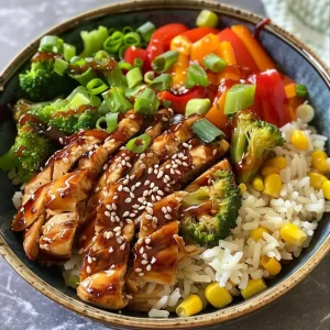 Close-up view of a Teriyaki Chicken and Veggie Rice Bowl featuring colorful vegetables and succulent chicken.