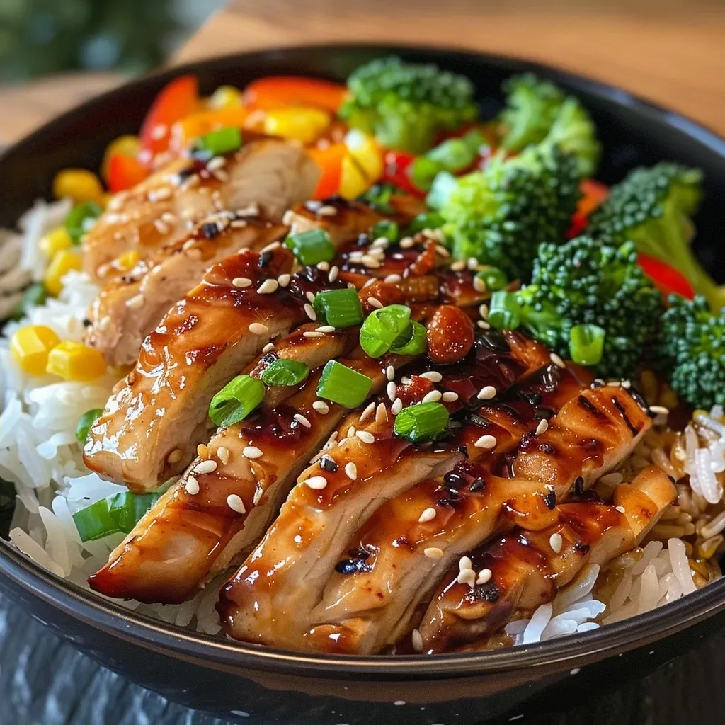Close-up view of a Teriyaki Chicken and Veggie Rice Bowl featuring colorful vegetables and succulent chicken.