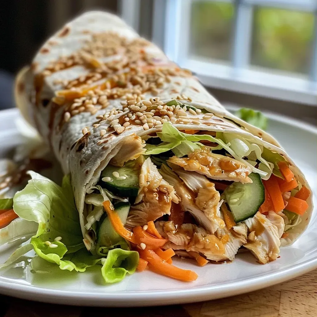 ['Close-up view of a juicy Teriyaki Chicken Wrap, showcasing vibrant vegetables and a tortilla.', 'Side angle of a delicious Teriyaki Chicken Wrap filled with chicken, lettuce, and carrots.', 'Detailed close-up of a Teriyaki Chicken Wrap with fresh ingredients and a sprinkle of sesame seeds.', 'Mouth-watering Teriyaki Chicken Wrap photographed from the side, highlighting its colorful filling.']