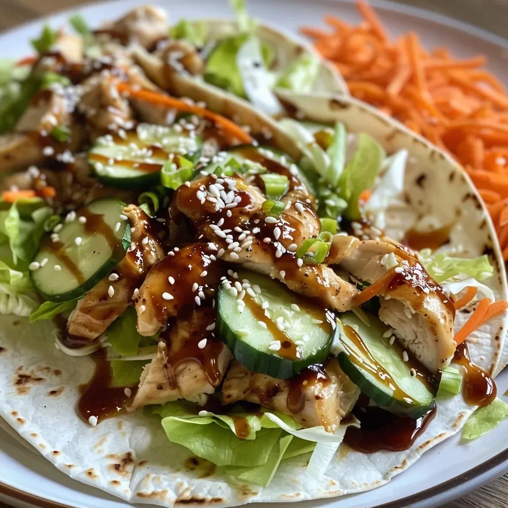 ['Close-up view of a juicy Teriyaki Chicken Wrap, showcasing vibrant vegetables and a tortilla.', 'Side angle of a delicious Teriyaki Chicken Wrap filled with chicken, lettuce, and carrots.', 'Detailed close-up of a Teriyaki Chicken Wrap with fresh ingredients and a sprinkle of sesame seeds.', 'Mouth-watering Teriyaki Chicken Wrap photographed from the side, highlighting its colorful filling.']