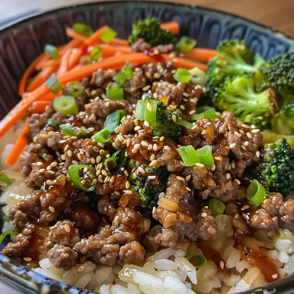['Juicy Teriyaki Ground Beef with colorful vegetables in a close-up view.', 'Glazed ground beef mixed with chopped bell peppers and broccoli, displayed attractively.', 'A side view of Teriyaki Ground Beef, garnished with sesame seeds and green onions.', 'Close-up image of savory Teriyaki Ground Beef with vibrant veggies.']