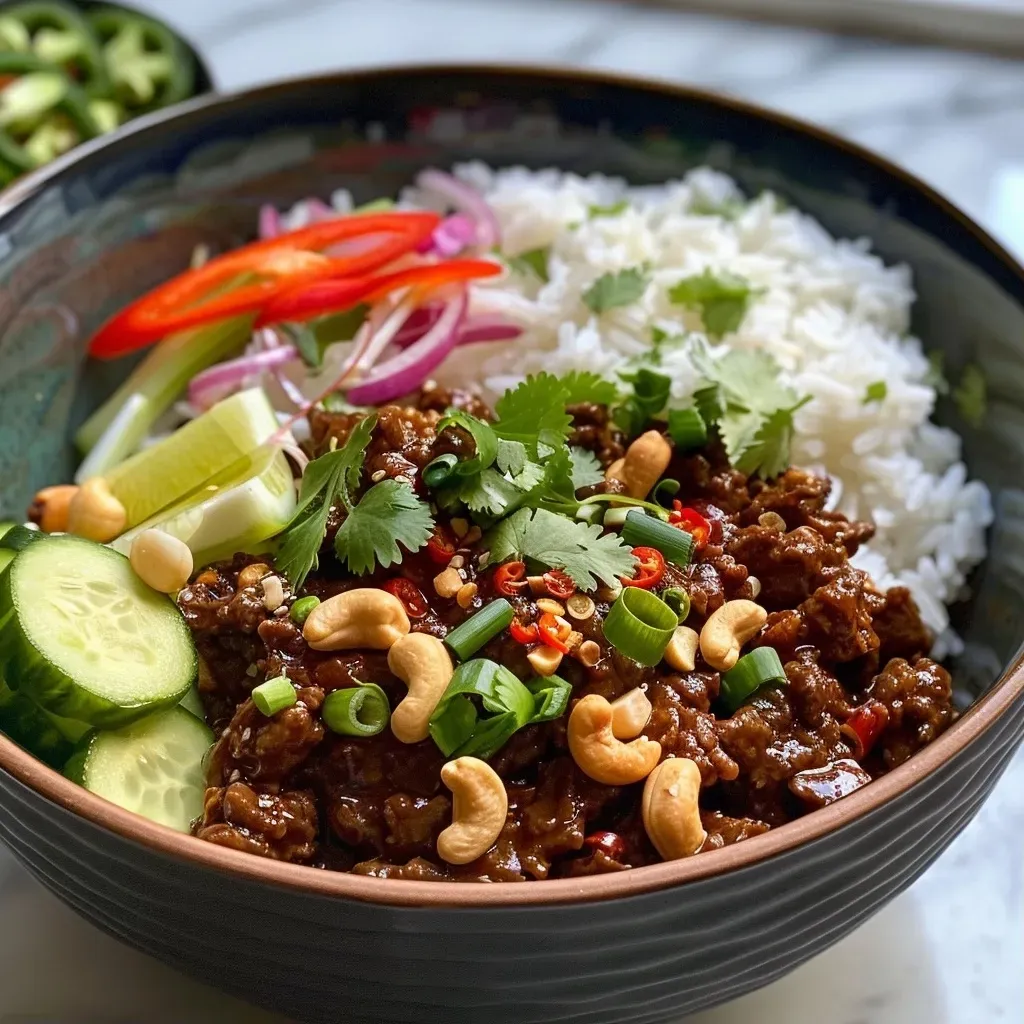 ['A close-up side view of a bowl filled with Thai Sweet Chilli Beef, topped with fresh vegetables and roasted cashews.', 'Juicy Thai Sweet Chilli Beef served in a bowl, showcasing vibrant colors from the sauce and garnishes.', 'A delicious serving of Thai Sweet Chilli Beef Bowl with jasmine rice and fresh coriander.', 'A colorful Thai Sweet Chilli Beef Bowl featuring ground beef, vegetables, and cashews.']