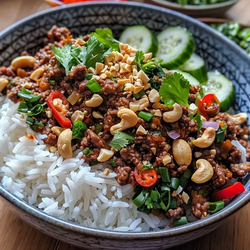 ['A close-up side view of a bowl filled with Thai Sweet Chilli Beef, topped with fresh vegetables and roasted cashews.', 'Juicy Thai Sweet Chilli Beef served in a bowl, showcasing vibrant colors from the sauce and garnishes.', 'A delicious serving of Thai Sweet Chilli Beef Bowl with jasmine rice and fresh coriander.', 'A colorful Thai Sweet Chilli Beef Bowl featuring ground beef, vegetables, and cashews.']