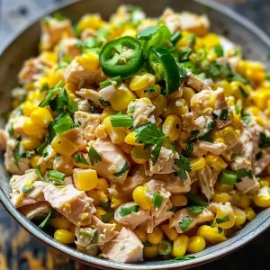 Close-up view of a vibrant Tuna Salad with chunks of avocado and cucumber.