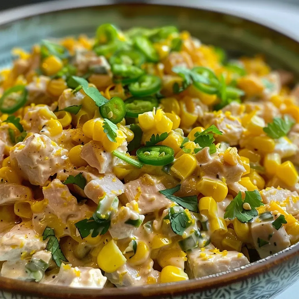 Close-up view of a vibrant Tuna Salad with chunks of avocado and cucumber.