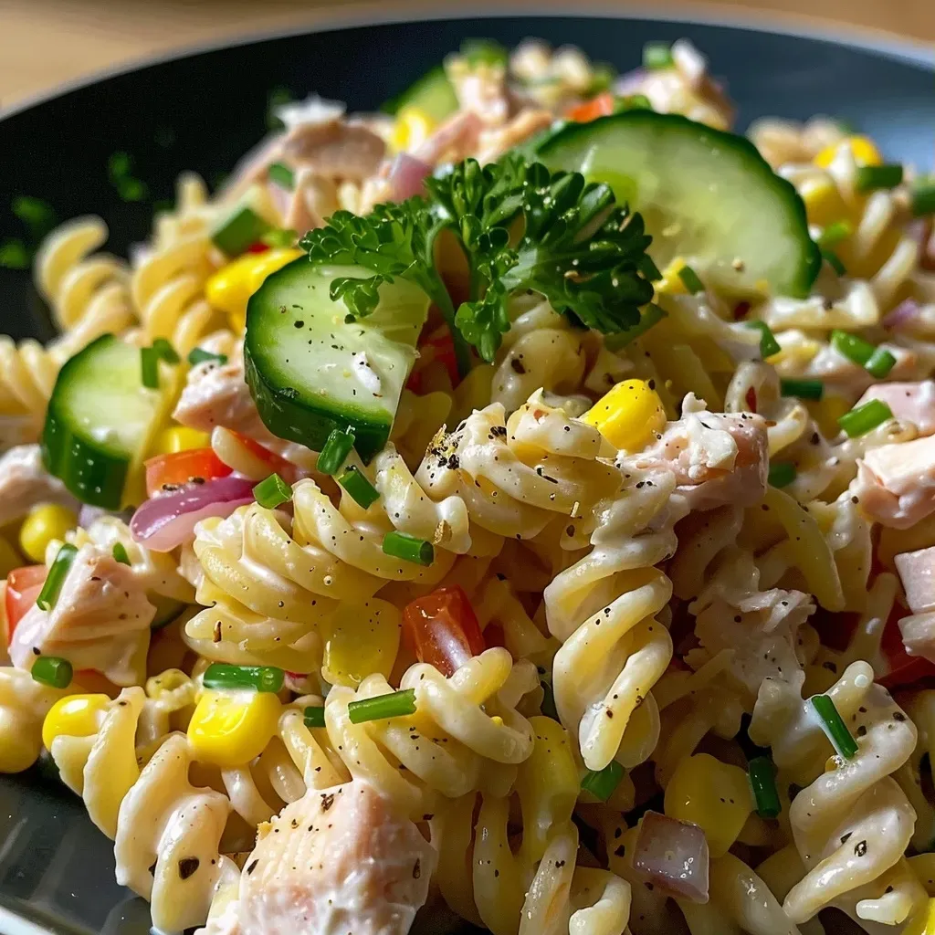 ['A close-up of a colorful Tuna & Sweet Corn Pasta Salad featuring fusilli and fresh ingredients.', 'Side view of a vibrant Tuna & Sweet Corn Pasta Salad with pasta, tuna, and vegetables.', 'Juicy Tuna & Sweet Corn Pasta Salad in a bowl, showcasing its pasta and mixed veggies.', 'Detailed view of Tuna & Sweet Corn Pasta Salad, highlighting cucumbers and red bell peppers.']