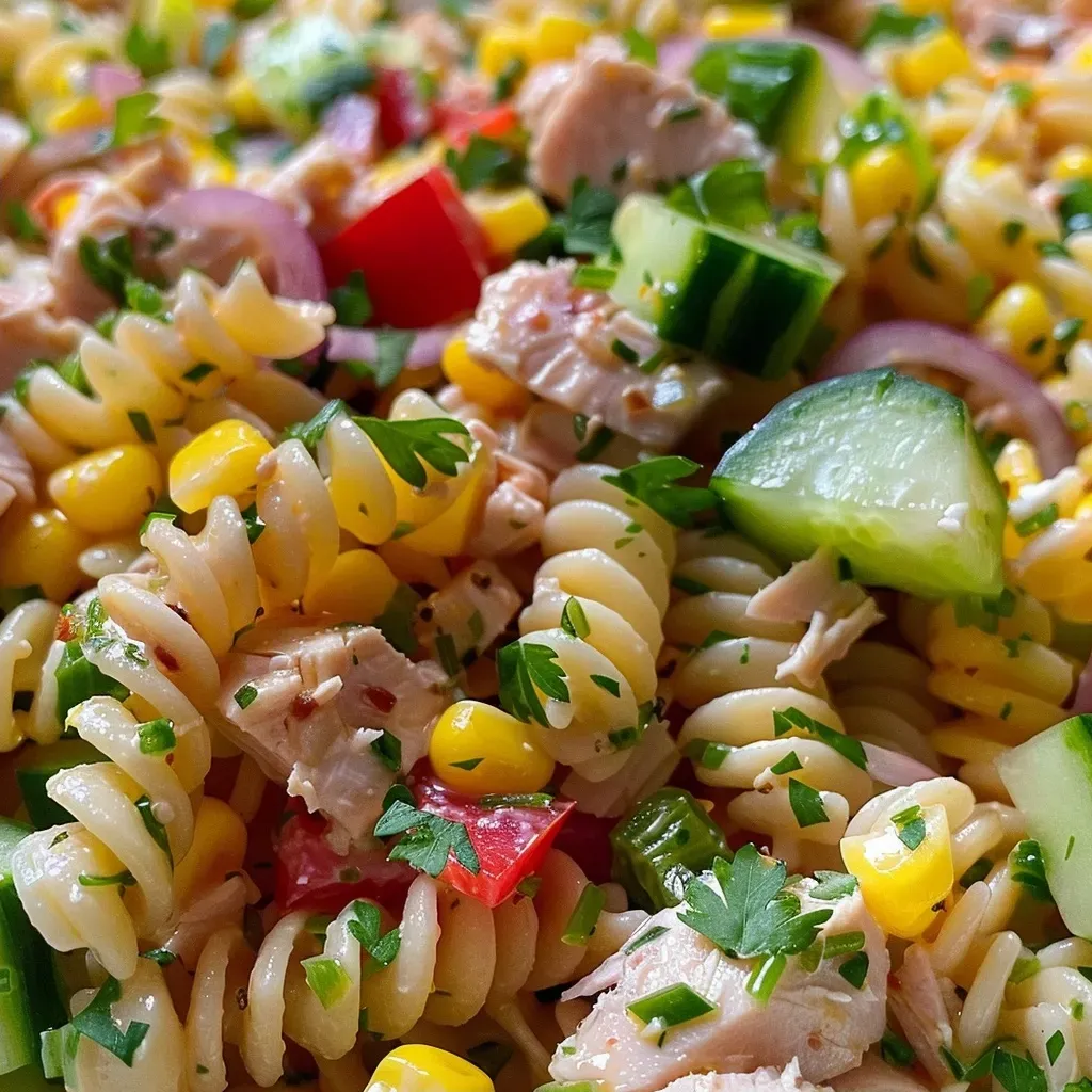 ['A close-up of a colorful Tuna & Sweet Corn Pasta Salad featuring fusilli and fresh ingredients.', 'Side view of a vibrant Tuna & Sweet Corn Pasta Salad with pasta, tuna, and vegetables.', 'Juicy Tuna & Sweet Corn Pasta Salad in a bowl, showcasing its pasta and mixed veggies.', 'Detailed view of Tuna & Sweet Corn Pasta Salad, highlighting cucumbers and red bell peppers.']