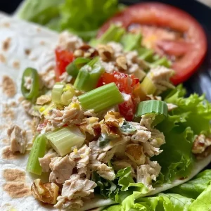 ['Close-up view of a delicious tuna wrap filled with vibrant ingredients.', 'A side view of a juicy tuna wrap featuring fresh vegetables and a tortilla.', 'Detailed image of a tuna wrap showcasing layers of tuna, celery, and tomatoes.', 'Appetizing shot of a rolled tuna wrap with chopped nuts and a green onion garnish.']