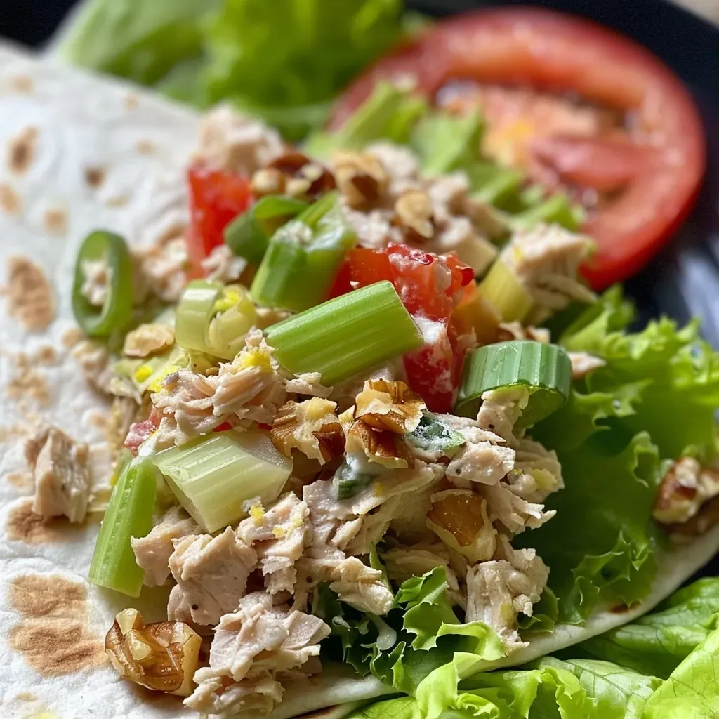 ['A close-up view of a delicious tuna wrap, showcasing the filling and ingredients.', 'Side view of a juicy tuna wrap filled with vegetables and tuna, placed on a plate.', 'Colorful and fresh tuna wrap with visible chunks of tuna and sliced vegetables.', 'A vibrant tuna wrap, cut in half to reveal its appetizing filling of tuna and veggies.']