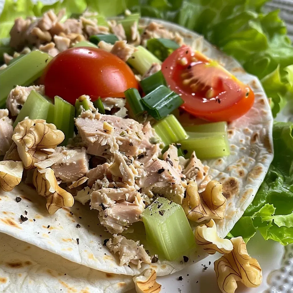 ['A close-up view of a delicious tuna wrap, showcasing the filling and ingredients.', 'Side view of a juicy tuna wrap filled with vegetables and tuna, placed on a plate.', 'Colorful and fresh tuna wrap with visible chunks of tuna and sliced vegetables.', 'A vibrant tuna wrap, cut in half to reveal its appetizing filling of tuna and veggies.']